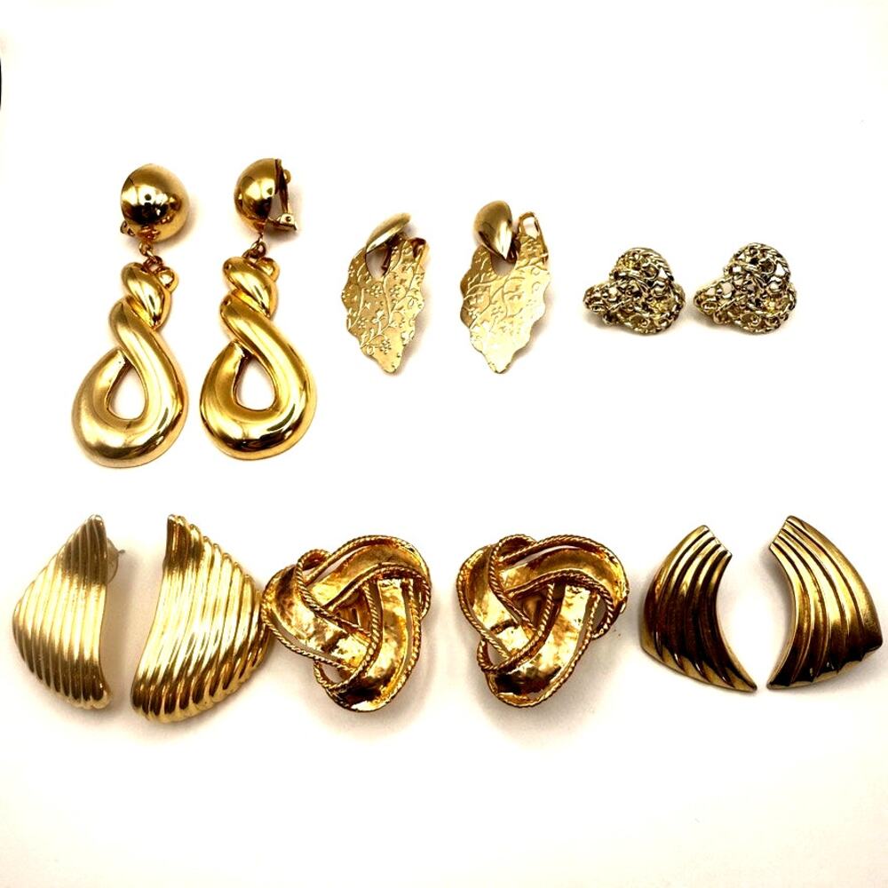Vintage Lot of 6 Clip On Dangle Drop Knot Gold Tone Bold Statement Earrings